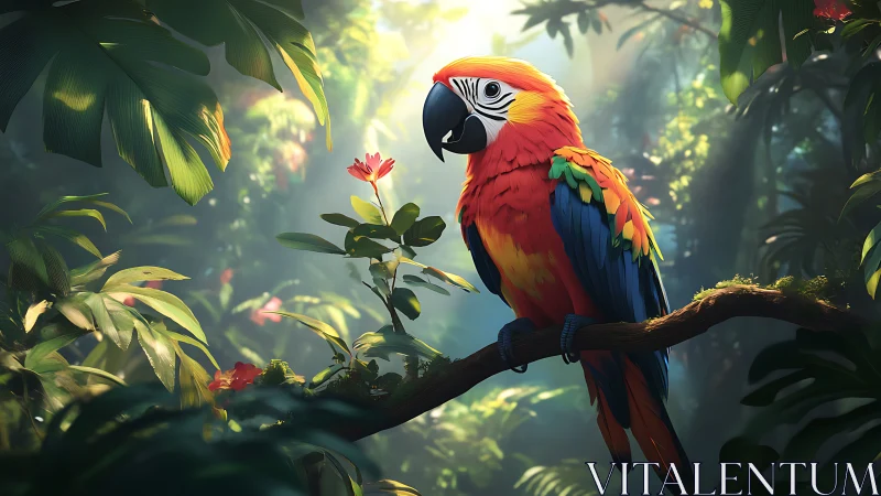 Jungle sunrise crowns a jewel-toned parrot on emerald bough.