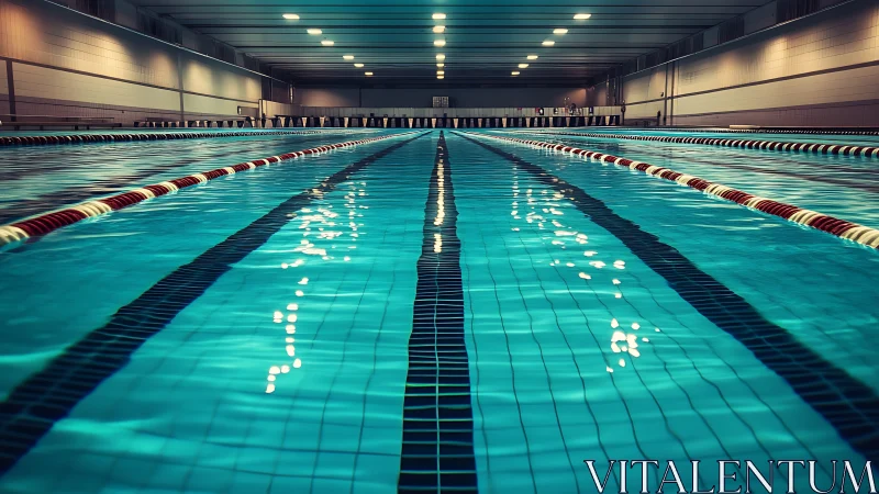 Empty indoor swimming pool with lanes under bright lights.