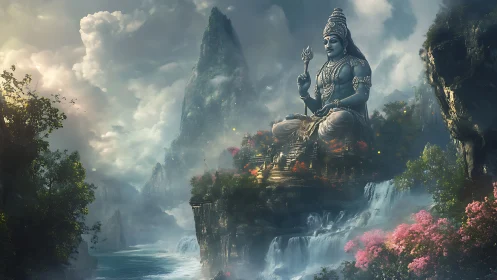 Mythic mountain deity above cascading celestial waterfalls.