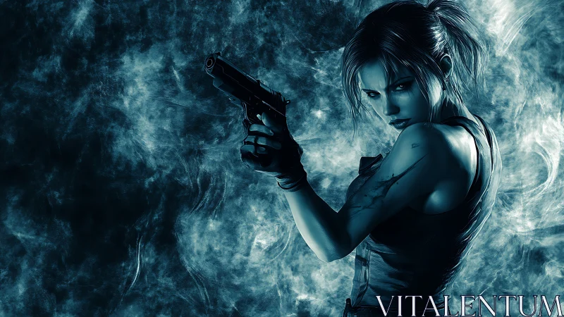 Armed female warrior in blue smoke holding handgun ready.