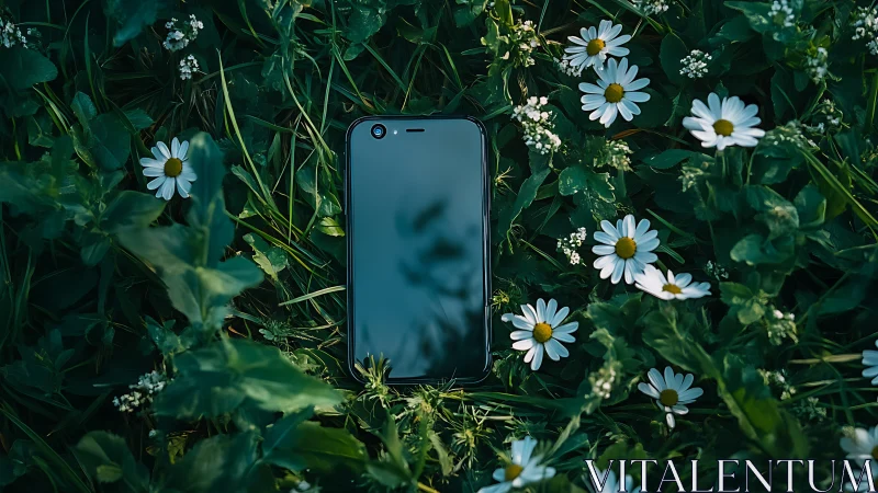 Smartphone Rests Among White Daisies and Green Grass.
