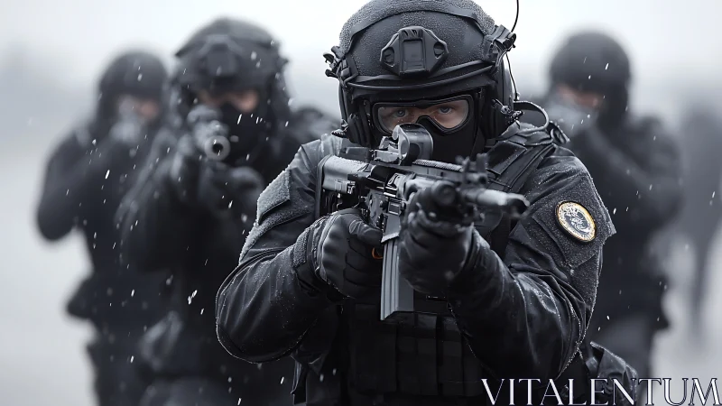 Special forces assault line advancing through heavy rainstorm.