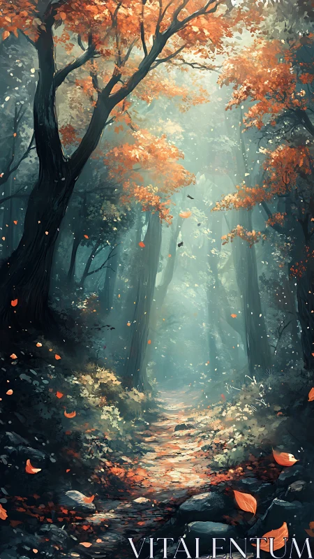 Atmospheric forest pathway with volumetric light and falling autumn foliage