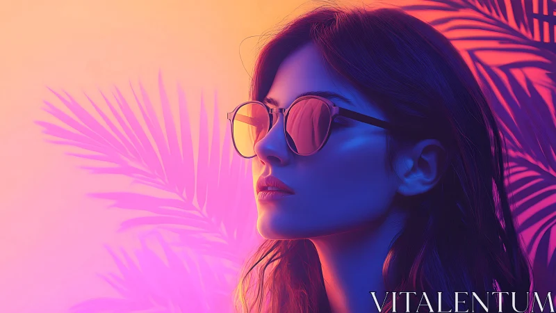 Neon gradient portrait with tropical silhouettes in digital painting.