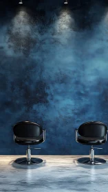 Inviting salon chairs rest calmly against a rich blue wall