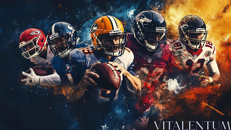 Five American football players in dynamic composite artwork