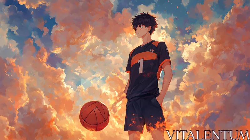 Anime volleyball player stands against dense sunset cloudscape