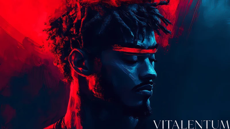 Neon-lit portrait captures serene strength in bold contrast.