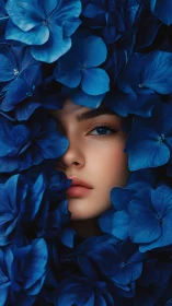 Woman’s serene face emerges from vivid blue hydrangea petals