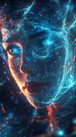 Neon-lit cybernetic face mapped by volumetric particle streams