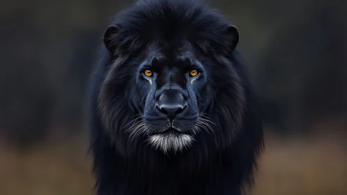 Midnight black lion gazes forward with calm, golden eyes