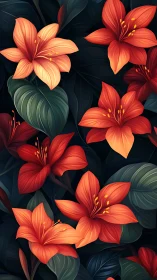 Tropical Lilies Ignite Against Midnight Foliage