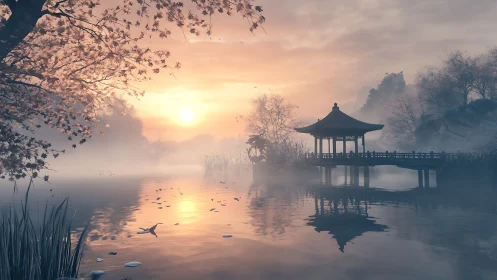 Sunrise illuminates a lakeside pavilion in light surface fog
