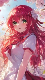 Red haired schoolgirl under luminous cherry blossoms