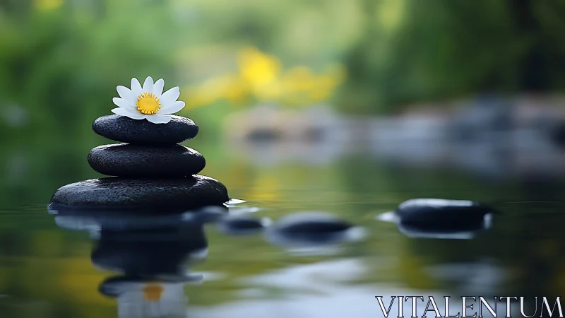 Stacked basalt stones support daisy blossom over reflective water