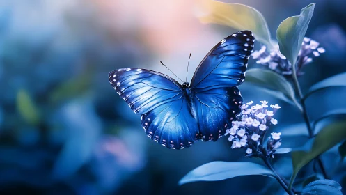 Gentle blue butterfly resting softly in evening garden glow.