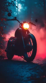 Motorcycle with headlight in foggy forest at night.