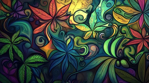 Colorful swirling leaves in a dreamy, enchanted garden scene.