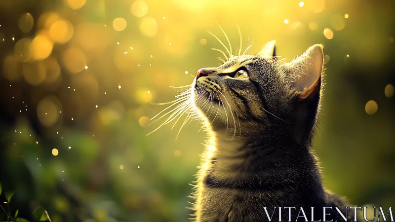Curious tabby cat glowing softly in golden evening light.