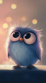 Digital illustration of fluffy blue owl with large eyes.