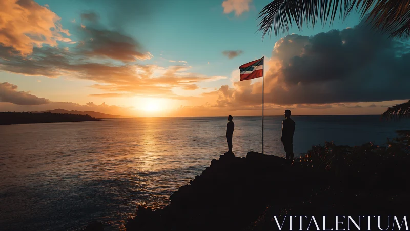 Coastal viewpoint with flag and three silhouettes at sunset.