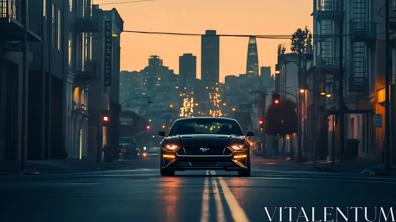 Modern muscle coupe at dusk on urban boulevard, frontal view