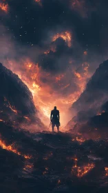 Solitary armored figure stands in volcanic ravine of fire