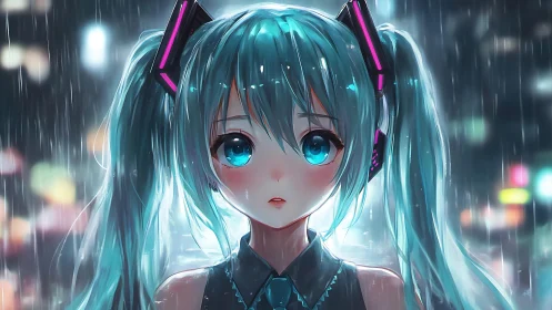 Anime synthwave portrait in neon rain with cinematic focus.