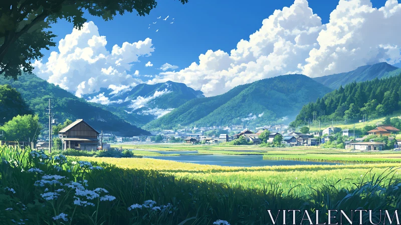 Summer countryside village with rice fields and blue mountains.
