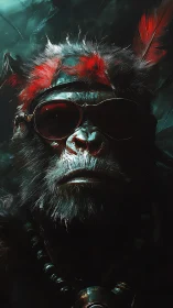 Primate shaman portrait wears sunglasses and feathered headdress