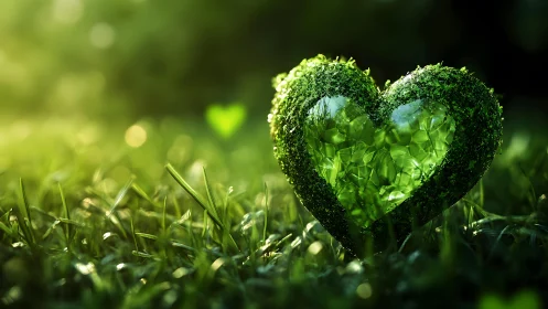 Heart-shaped green glass sculpture on grass, nature-inspired art.