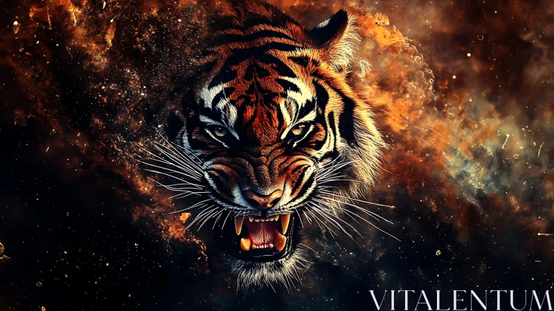 Roaring tiger head emerges from nebular fire in digital space