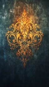 Golden floral ornament glows softly on dark textured wall