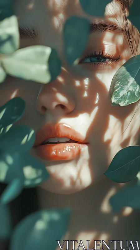Soft-lit portrait of woman’s face framed by leafy shadows.
