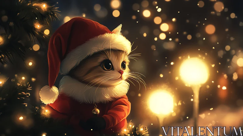 Cute Santa kitten gazes at glowing Christmas lights outside