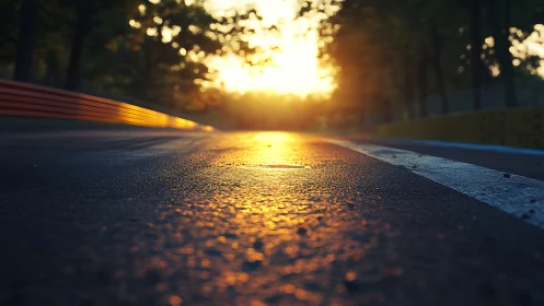 Low-angle photorealistic racetrack at golden hour glows softly