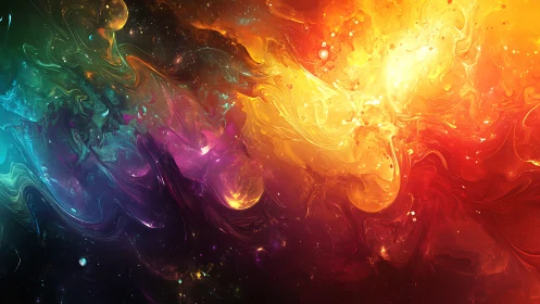 Vibrant swirling nebula in multicolored abstract space.