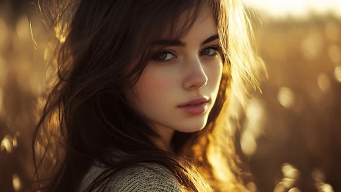 Young woman portrait in warm golden field at sunset.