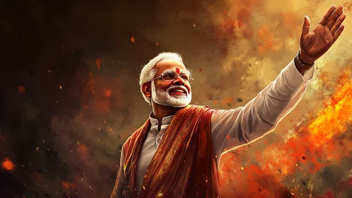 Elder leader raises hand amid blazing orange light