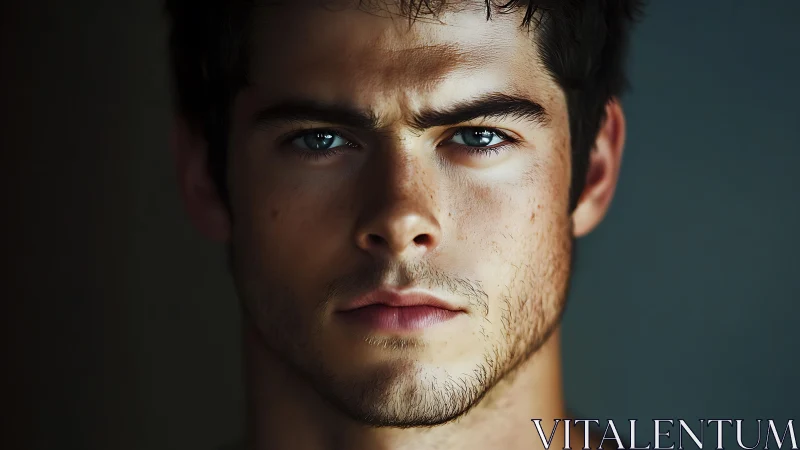 Thoughtful young man with intense blue-eyed gaze in focus.