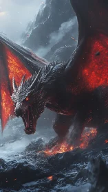 Molten-winged dragon storming a frozen volcanic battlefield.