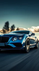 Luxury blue grand tourer in dynamic sunset motion shot.