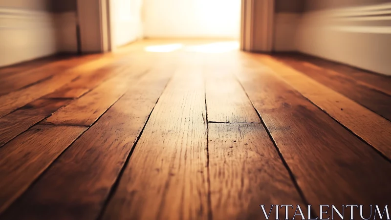 Warm sunlight glows gently across a rustic wooden floor