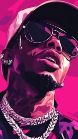 Stylized pink portrait depicts confident rapper in shades