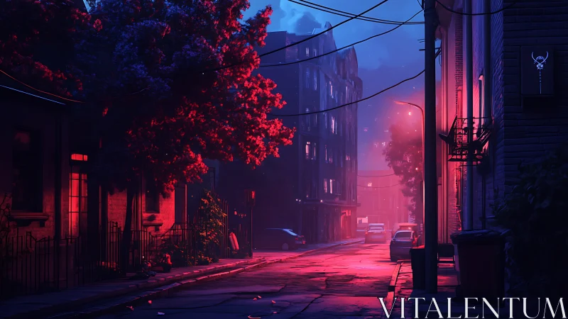 Urban side street under magenta and blue artificial light.