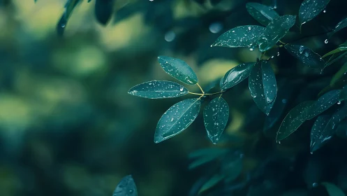 Rain-kissed leaves whisper quietly in the teal twilight hush