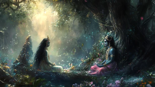 Divine figures share a tranquil meeting in a glowing forest.