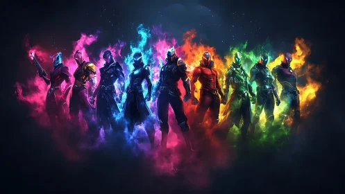 Spectrum sentinels ignite a neon storm of chromatic fire.