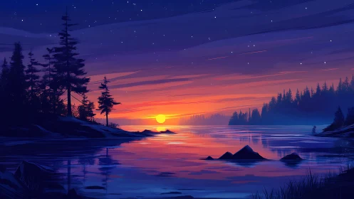 Calm digital lake sunset with silhouetted forest shore.