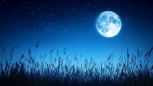 Full moon glows above silhouetted meadow in serene night sky